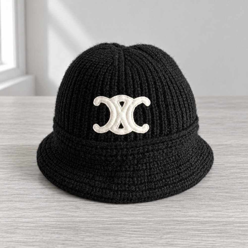 CELINE Black Ribbed Knit Bucket Hat